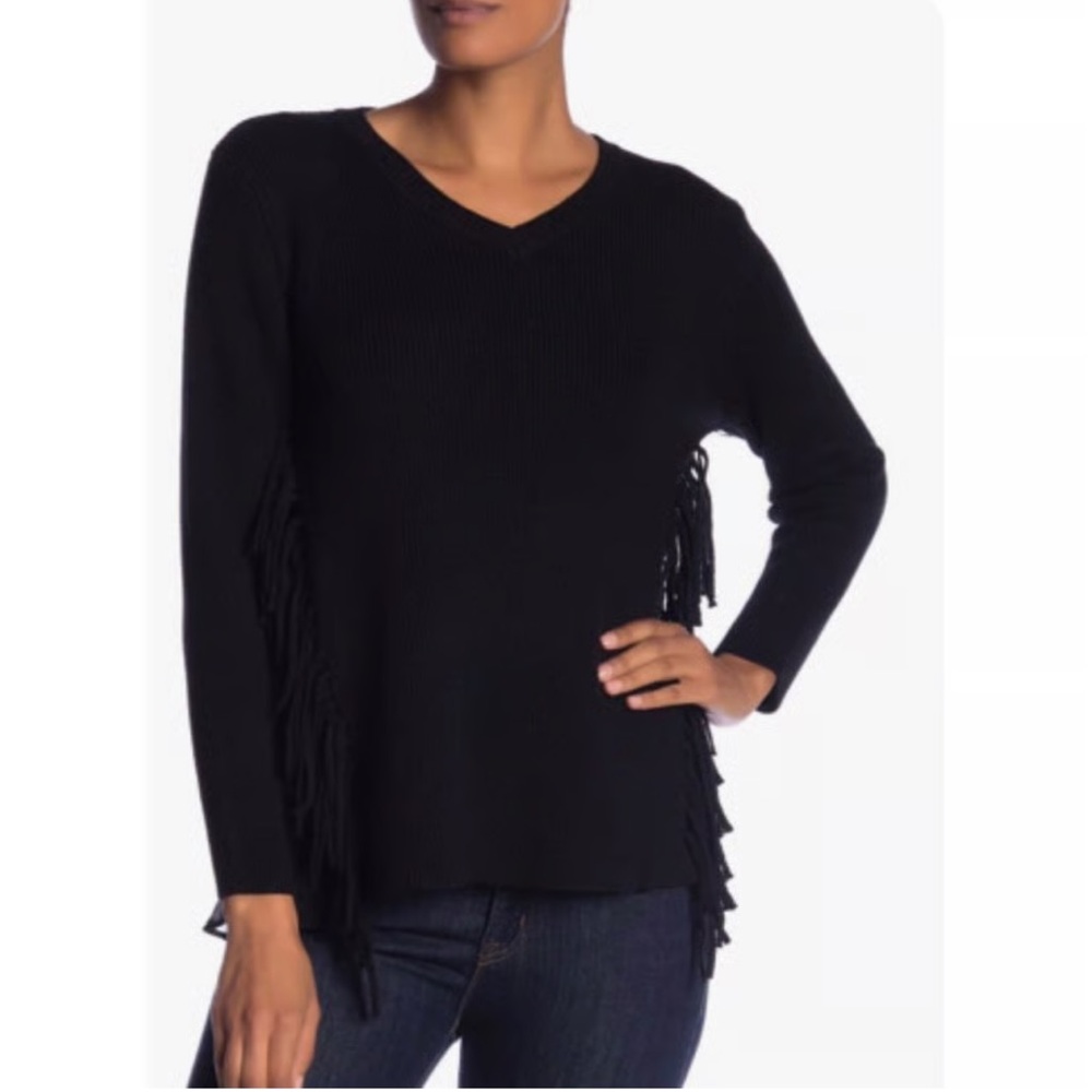 Molly Bracken Elegant Black Fringe Sweater